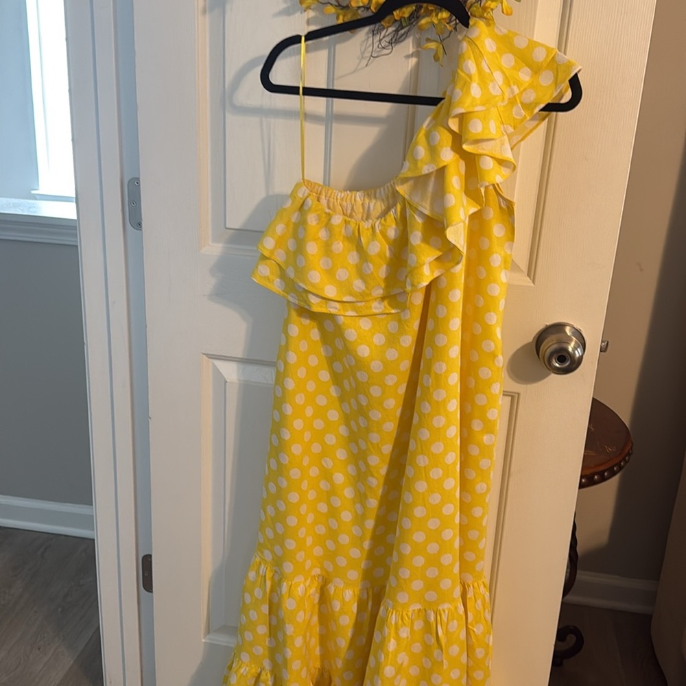 Lisa Marie Fernandez Yellow One-Shoulder Polka Dot Dress